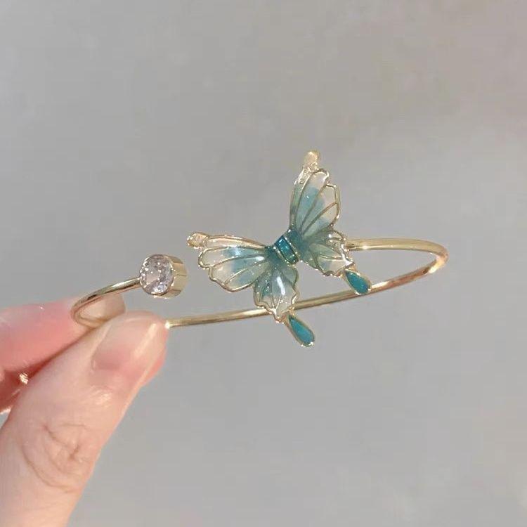 Retro Forest Series: Gradient Green Tail Butterfly Bracelet & Adjustable Ring Set