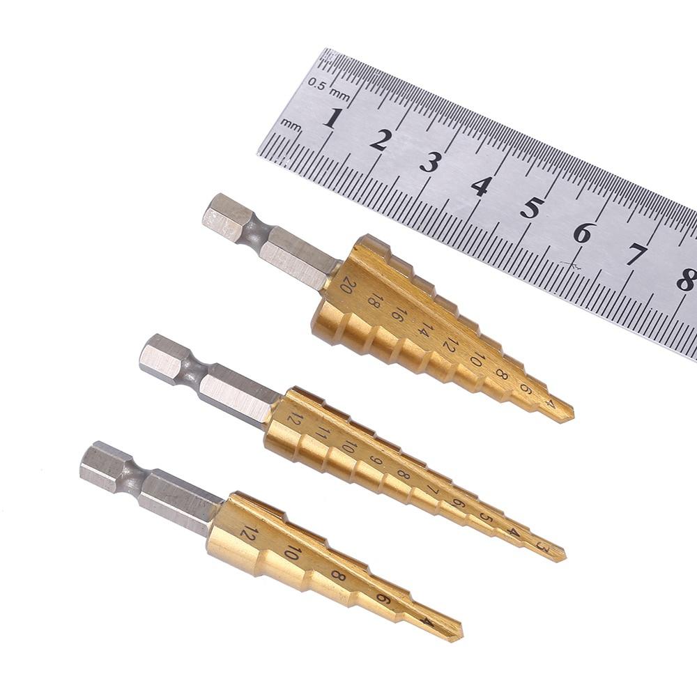 3pcs HSS Titanium Coated Step Drill Bit 4-12 4-20 4-32 Drilling Power Tools Metal High Speed Steel Wood Hole Cutter Cone Drill