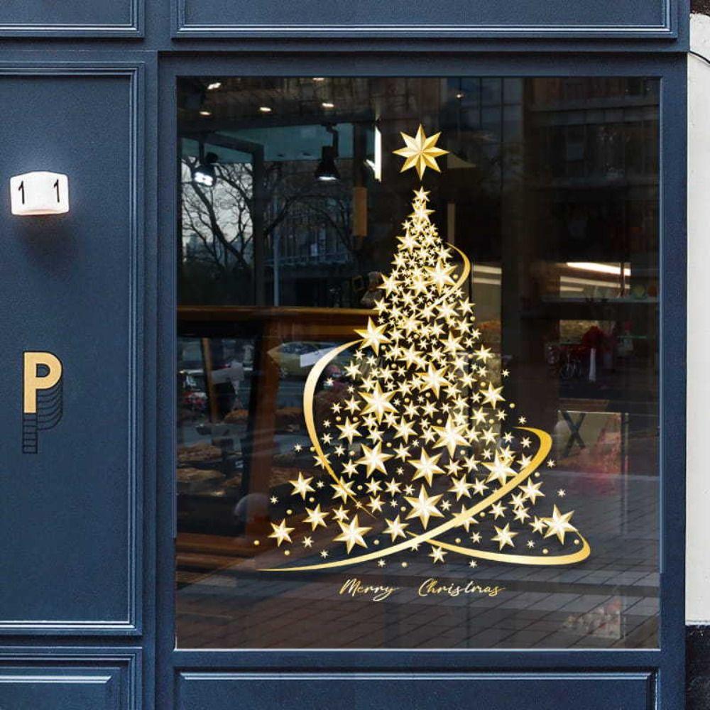 Golden Christmas Tree Window Stickers Large Decor Mural Home Decoration Xmas Decals  Party