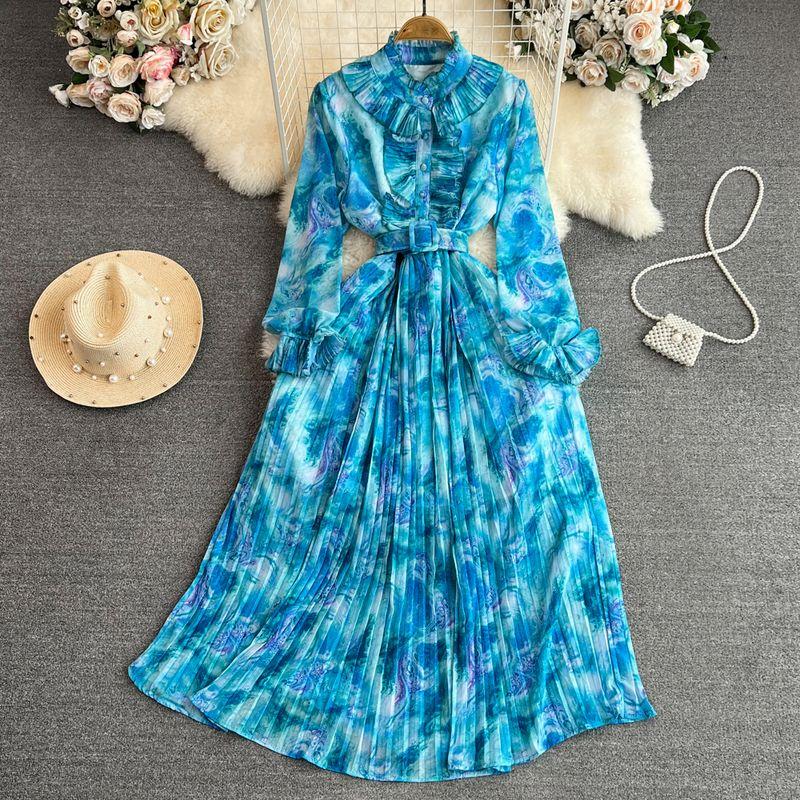 Retro Graceful Stand Collar Speaker Long Sleeves Elegance Dress