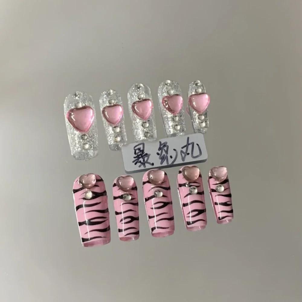 Y2K Spicy Girl Long Coffin Fake Nails Luxury Glitter Rhinestone Pearl Flower Metal Chain Press On Nails For Party