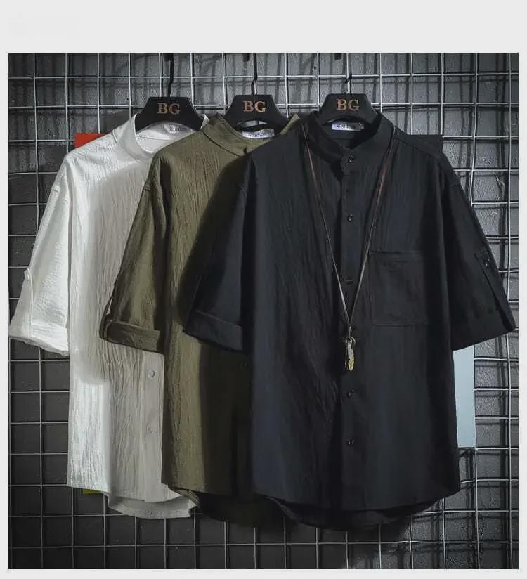 Мужская рубашка больших размеров в японском стиле с воротником-стойкой и короткими рукавами, однотонная