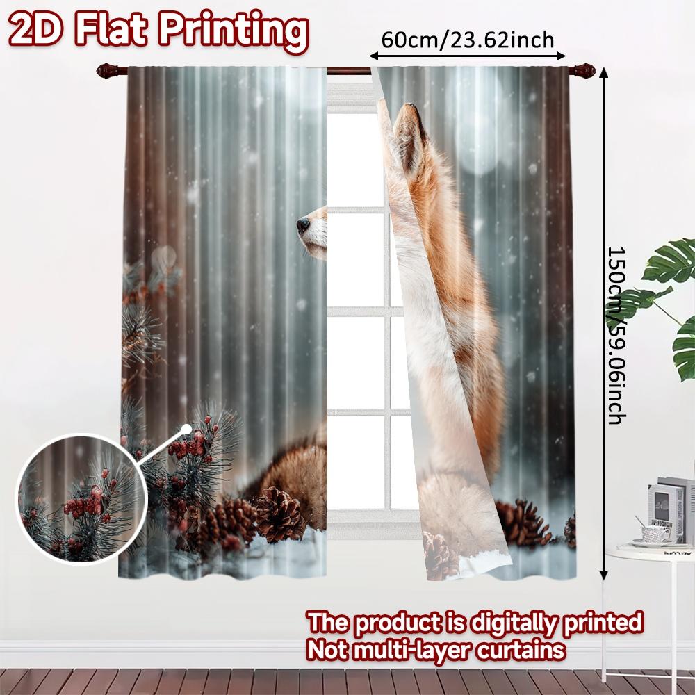 2pcs, 2D FLAT PRINTING Curtains (Without Rod) Winter Fox Scene Popular Curtains&Drapes Festival Durable Polyester Fabric