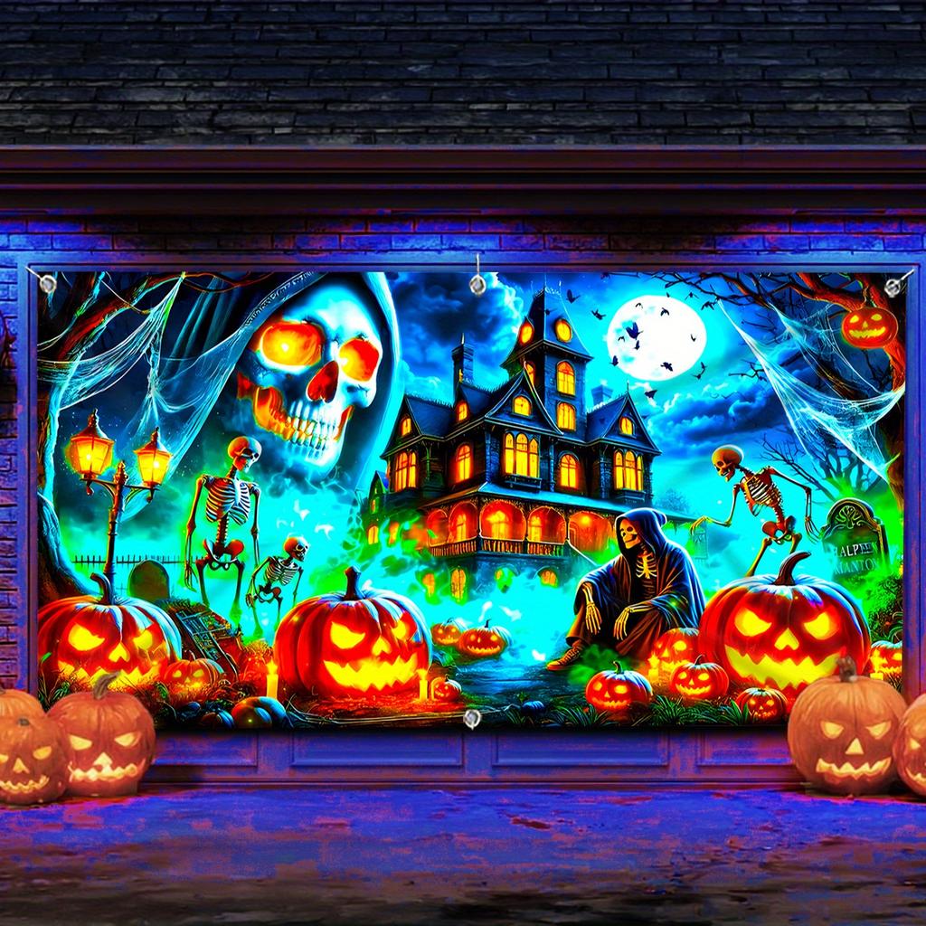 2D Door Banner, 2D Flat Gothic Moonlight Skull Castle - UV Glowing Halloween Garage Door Banner