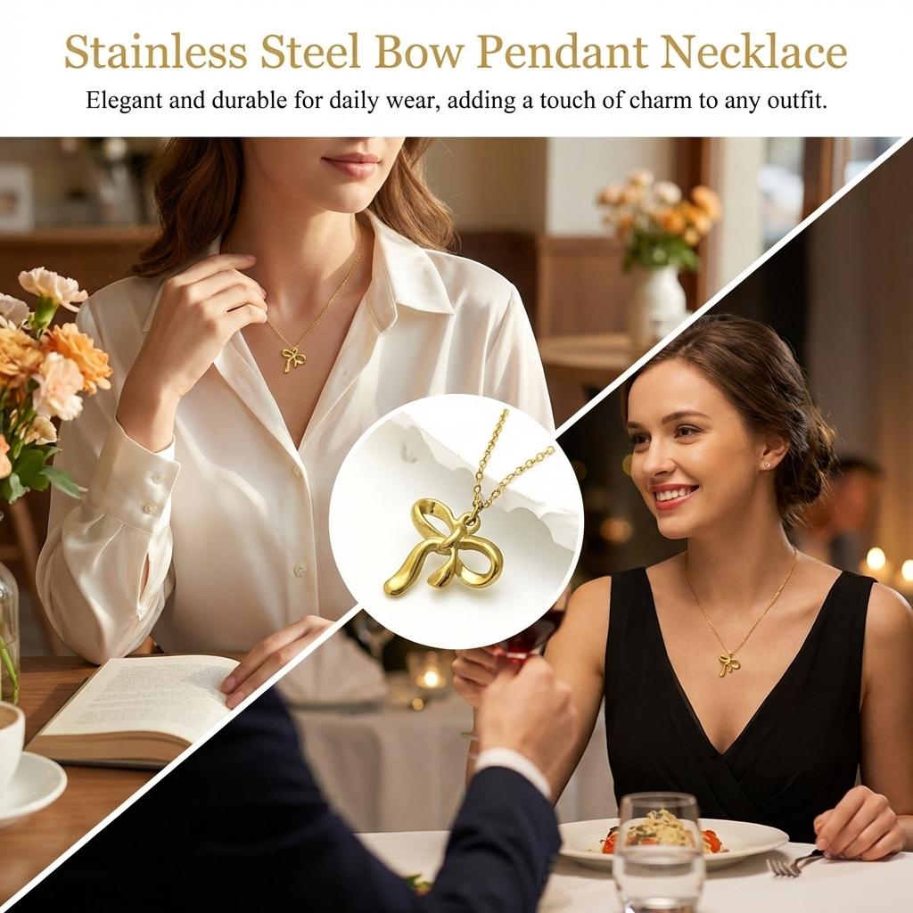 Stainless Steel Pendant Necklace For Women Golden Bowknot Design Hypo-allergenic Jewelry For Sensitive Skin