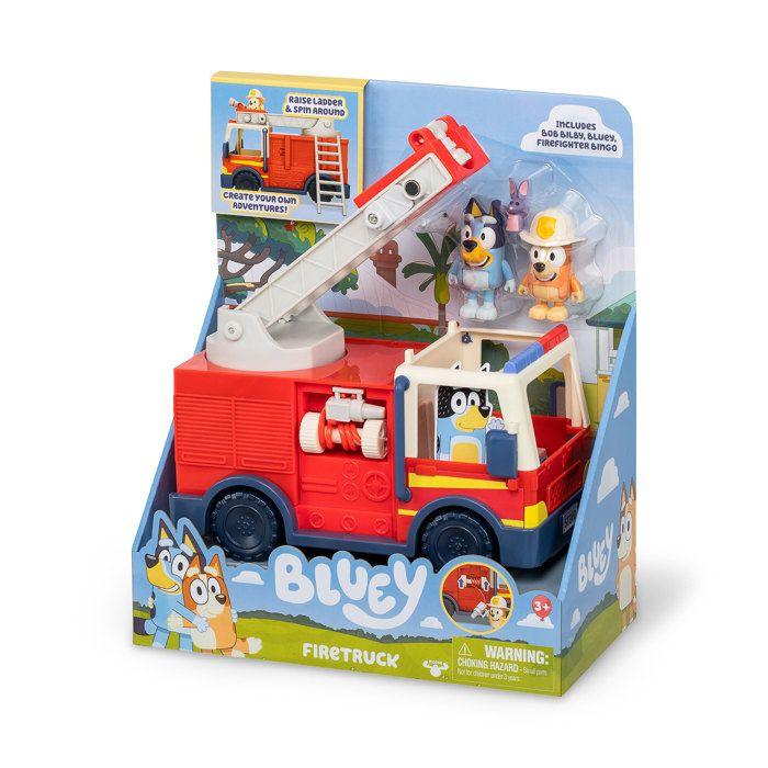 Camion de pompiers - Bluey - Figurines Bingo et Bluey - Autocollants inclus - Tuyau d'extinction - 3 ans et plus