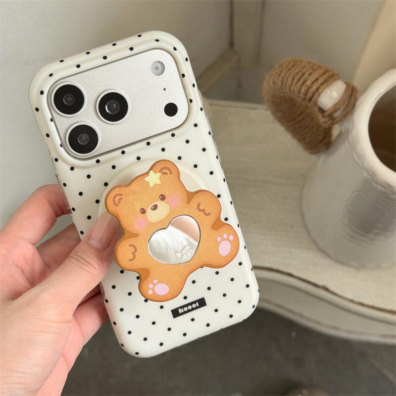 Магнитный чехол-зеркало для iPhone с корейским дизайном в горошек с мишкой и сердцем (Совместимо с iPhone 17, 16 Pro Max, 15, 14)