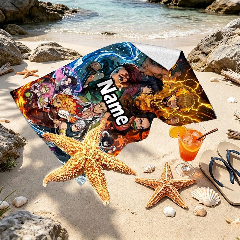 Custom Name Personalized Demon Slayer Print Beach Towel, for Trip Camping Beach Party Home Decor, Birthday Gift for Family & Friends