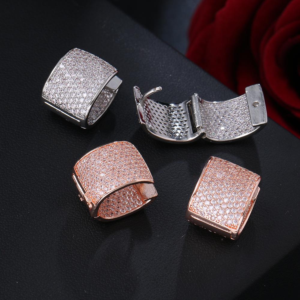 EmmayaZircons Double Sided Micro Paved Cubic Zirconia White Gold CZ Stone Rectangle Hoop Earrings for Ladies Jewelry
