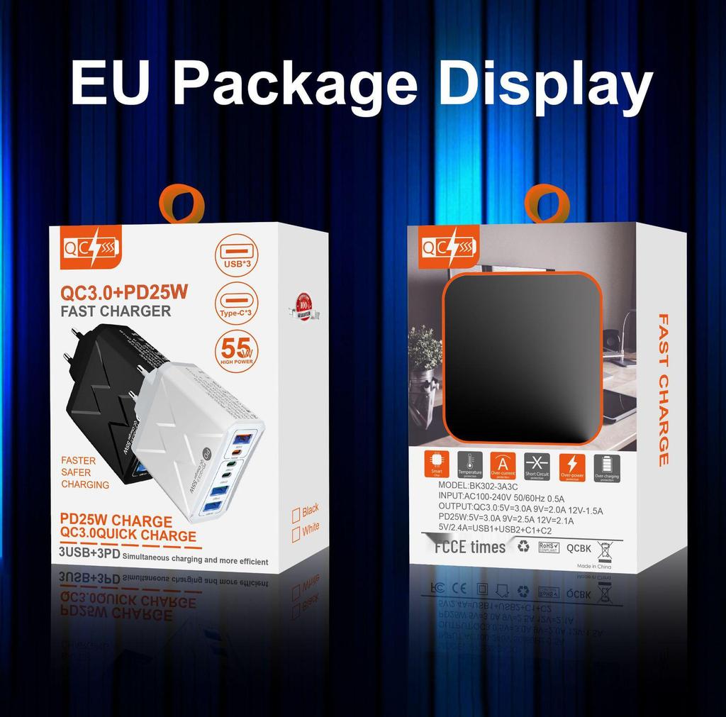 Быстрое зарядное устройство PD 25 Вт на 6 портов: 3 USB, 3 PD 55 Вт с QC3.0 – Штекеры EU, UK, AU