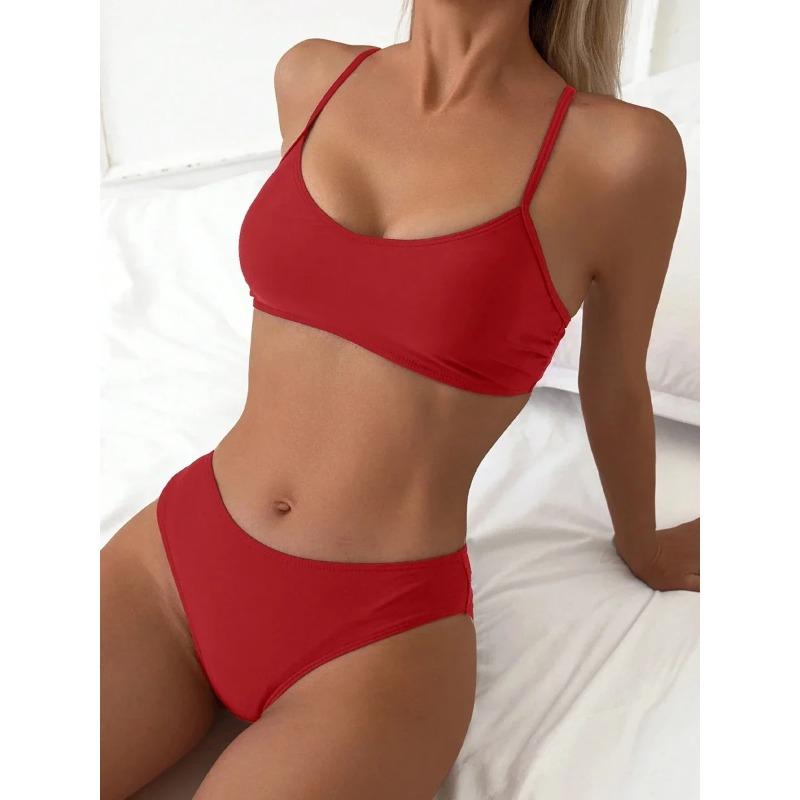 Сексуальные женские купальники 2025 Летняя пляжная одежда Женские бикини из двух частей Купальный костюм Комплект бикини однотонного цвета