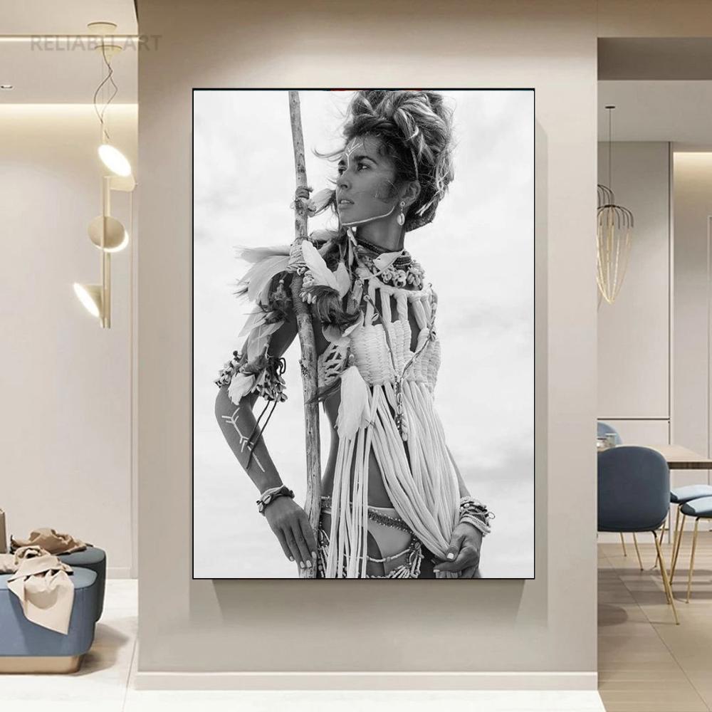 Портретные постеры для девочек в стиле бохо, холст, картина, американская девушка с перьями, женские современные настенные художественные картины для гостиной, домашний декор