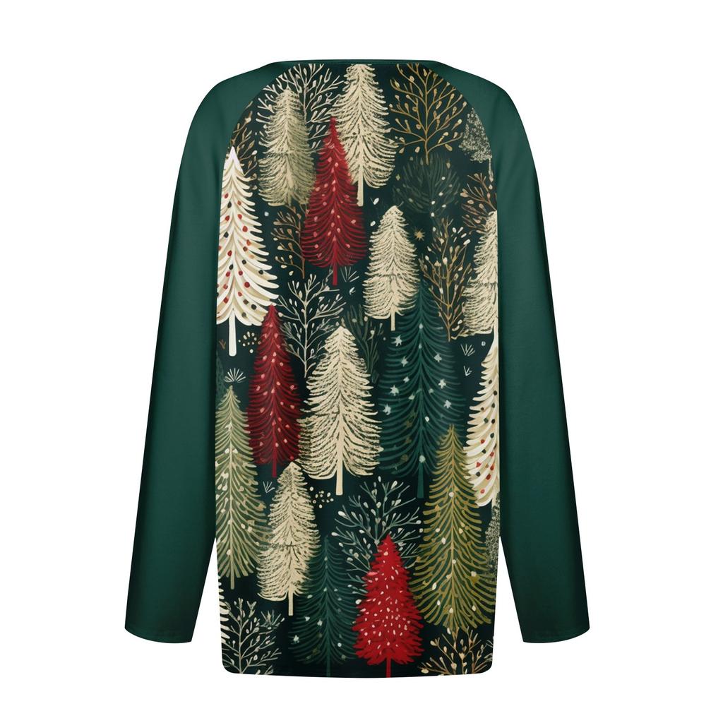 Женская мода повседневная рождественская печать V-образный вырез рукава реглан с декоративными пуговицами длинный рукав футболка топ