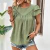 2024 Летняя модная женская повседневная блузка с рюшами и коротким рукавом, зеленая рубашка, женские шифоновые топы с круглым вырезом, элегантная одежда 27110