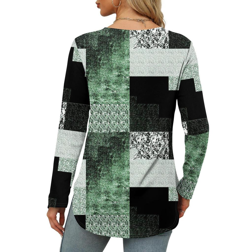 Женские рубашки с длинным рукавом и круглым вырезом, базовые свободные туники с боковым разрезом, повседневные рубашки с цветочным принтом