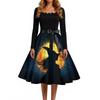 Women’s Casual Vintage Square Neck Dress with Halloween Themed Print Long Sleeve Fit and Flare for Seasonal Wear