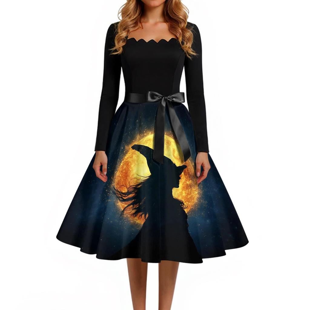 Women’s Casual Vintage Square Neck Dress with Halloween Themed Print Long Sleeve Fit and Flare for Seasonal Wear