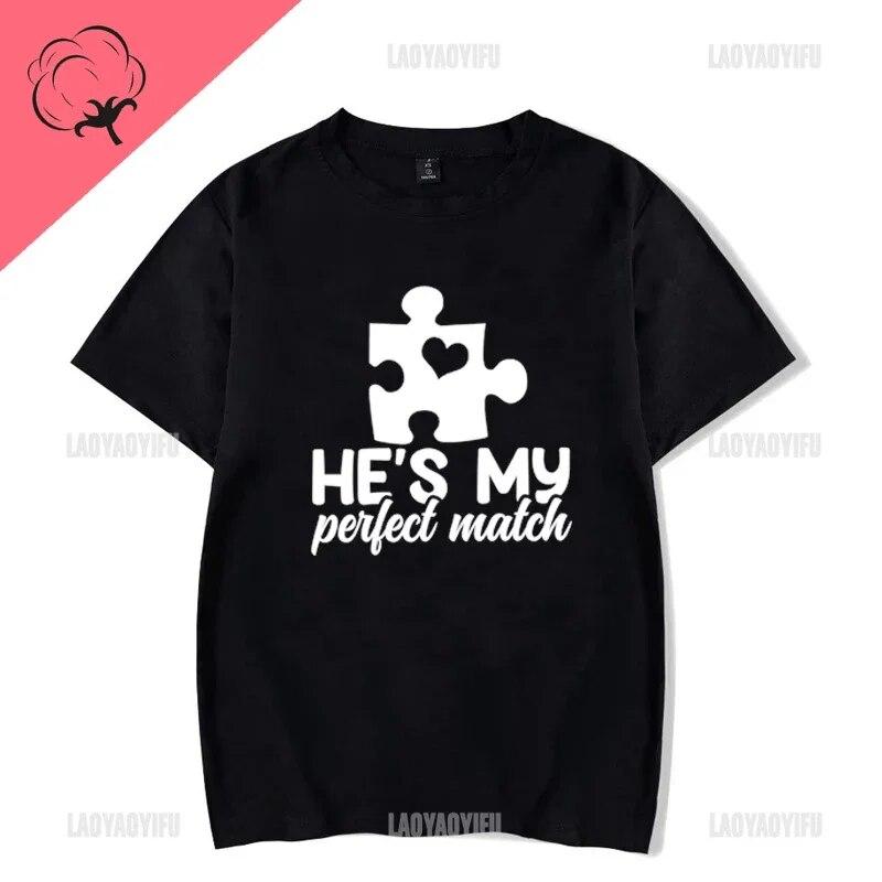Couple T Shirt for Lovers Cotton Tee He's She's My Perfect Match Print T Shirts Unisex Summer Tops Anniversary Matching