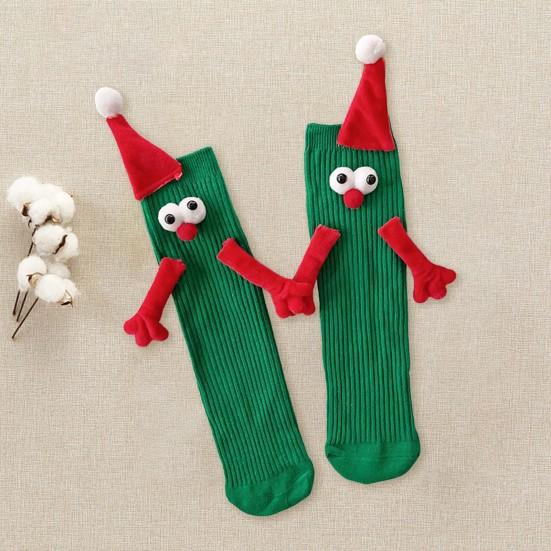 1 Pair Christmas Couple Socks Cartoon Shape Magnetic Hand-linking Festive Mid-tube Thick Warm Anti-slip