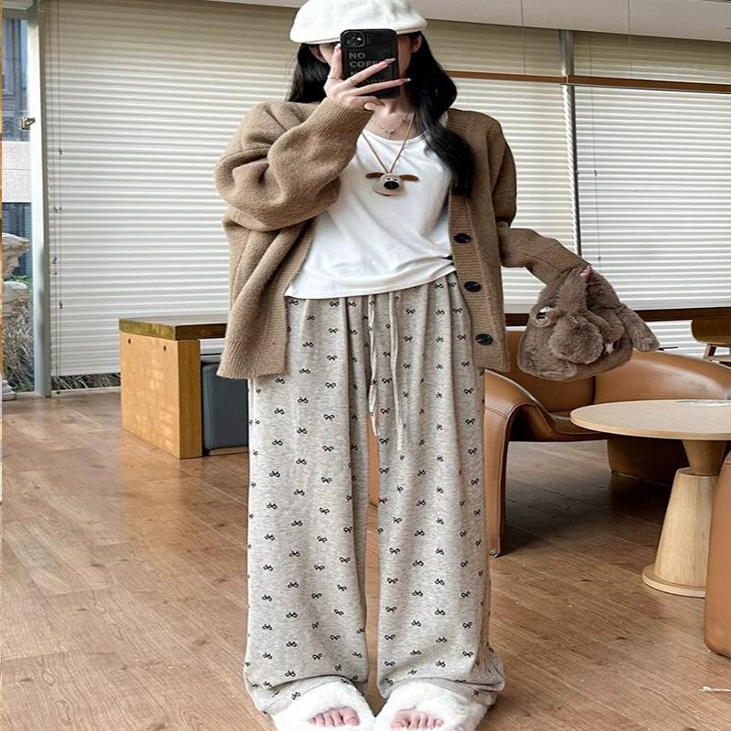 Маленький бантик Брюки с высокой талией и широкими штанинами - Женские Весенне-осенние Мягкие Прямые штанины