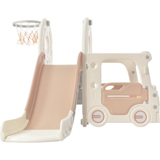 Children Slide Set, Kids Slide Set Including Bus, Slide, Activity Ladder, Basketball Hoop And Matching Basketball