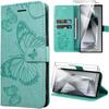 Protective Case - BOOLING - for Samsung Galaxy S24 Ultra - Butterfly Pattern - Faux Leather - Green - with 2 Tempered Glasses