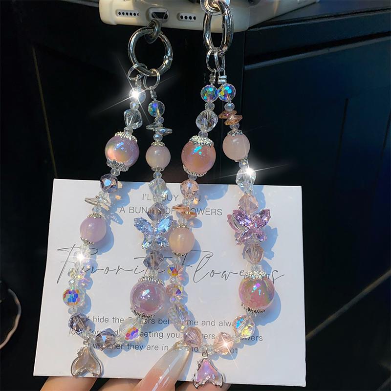 Ins Style Mermaid Pendant Beaded Phone Charm Y2K Butterfly Phone Chain Anti Lost Wrist Lanyard Keychain Gifts