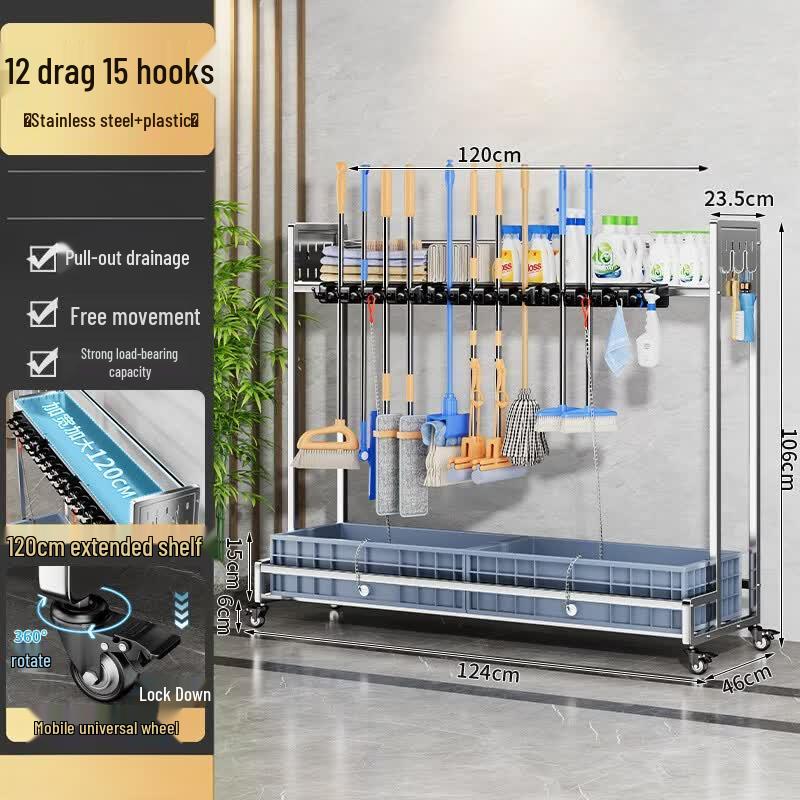 Mobile Industrial Stainless Steel Mop and Broom Holder