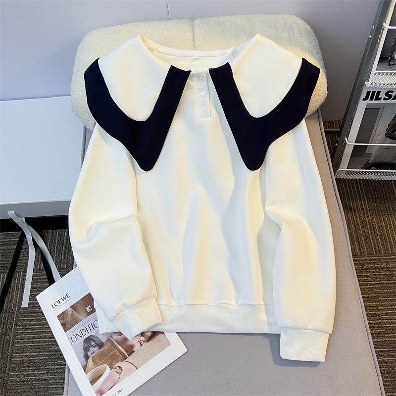 Свободный свитер в корейском стиле с воротником в виде листьев лотоса и пуговицами 2024 года — модный универсальный женский дизайн.