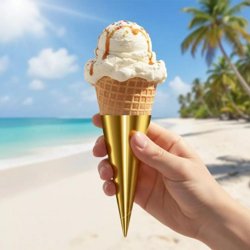 100Pcs Aluminum Foil Paper Disposable Ice Cream Holder Solid Color Anti-Soiling Ice Cream Cone Sleeve Hand-Held Thickened