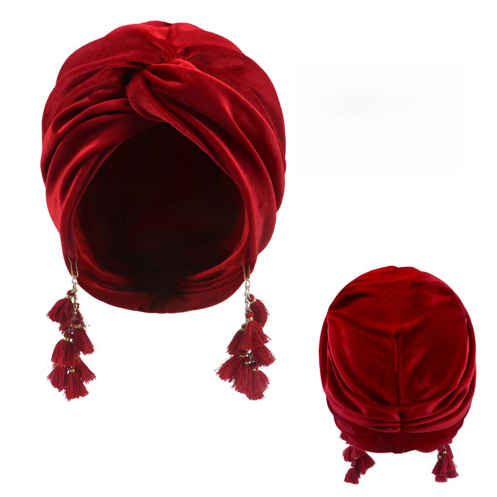 New Spring Women's Bohemia Velet Turban Tassel Head Wrap Cap European American Retro Style Boho Cross Beanie Hat