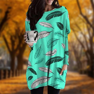 Новинка осени Черное платье с принтом перьев больших размеров Женское повседневное платье с круглым вырезом и длинными рукавами с карманами