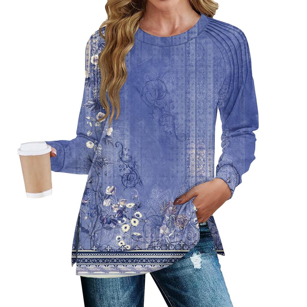 Women's Fashion Casual Split Print Pleated Hem Split Loose Fit Fall Sweatshirt Long Sleeve Top