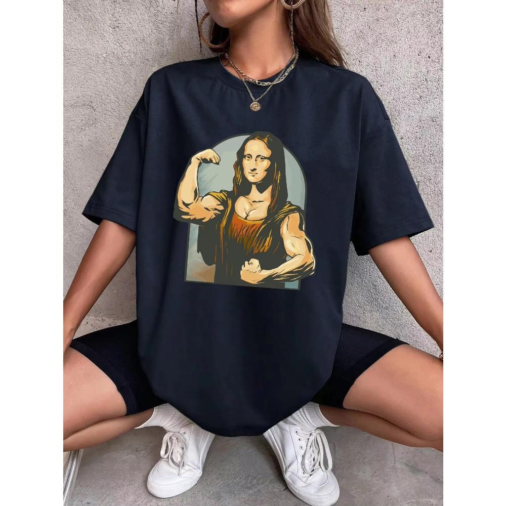 Summer Clothing Playing with Mona Lisa Fitness Print Women's T-shirt Loose Casual T-shirt Cotton Loose Street Style Retro
