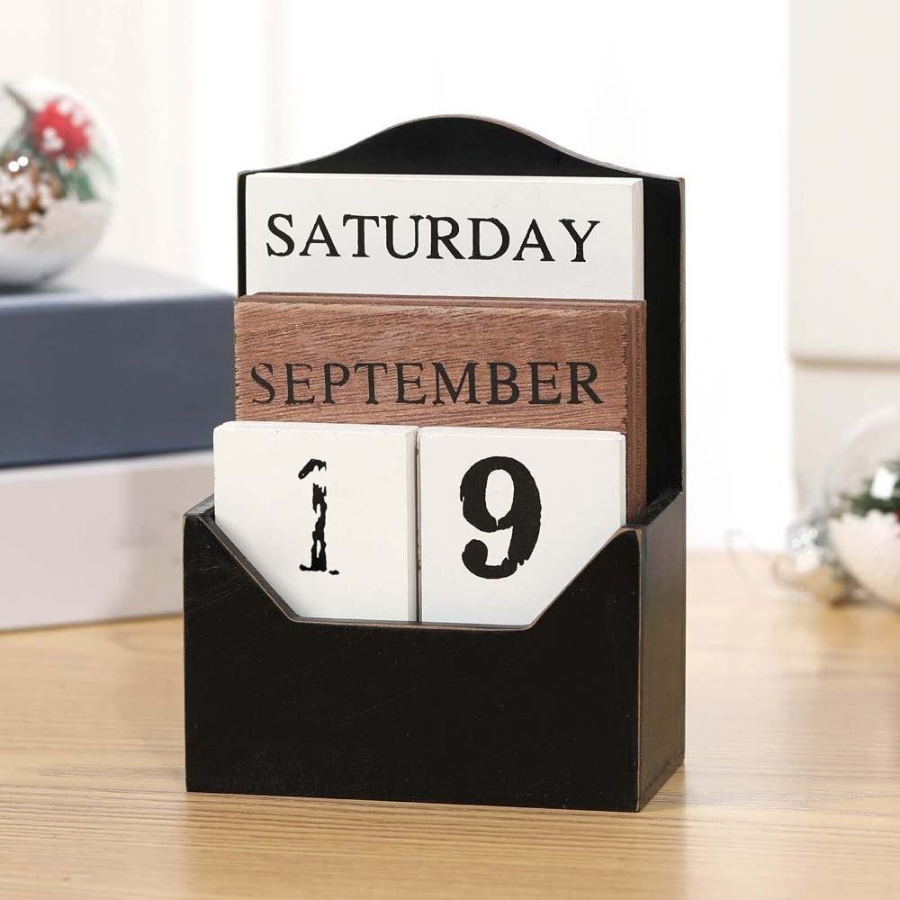 Aesthetic Wooden Perpetual Calendar Manual Reusable Desk Calendar Ornament Home Decoration Black Date Display Ornament
