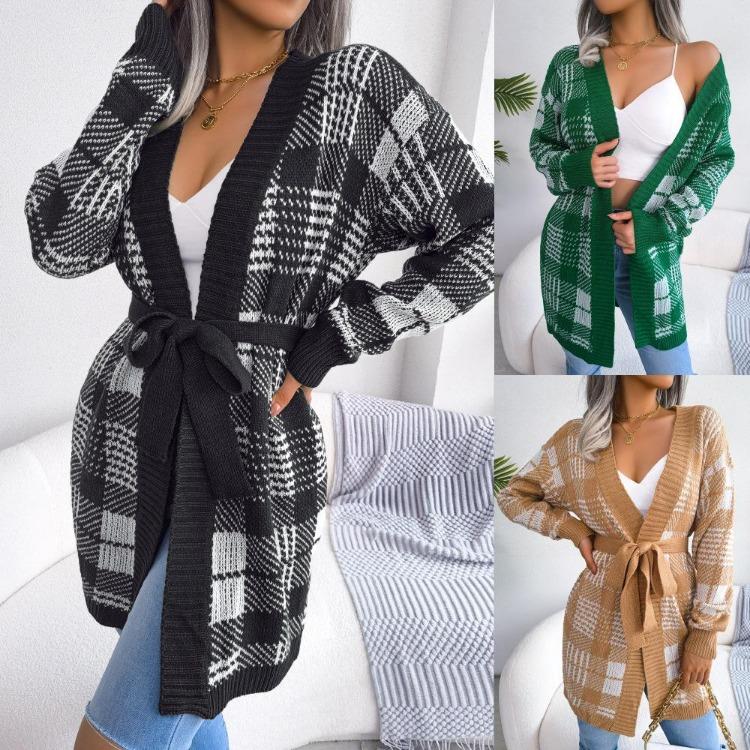Plaid Lantern Sleeve Knitted Cardigan Sweater with Strap Design Women Autumn Winter