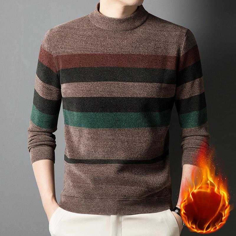 Зимний полосатый свитер с круглым вырезом для мужчин - повседневный свитер из смеси полиэстера, средней эластичности, с длинными рукавами и ребристой вязкой, теплый свитер стандартного кроя