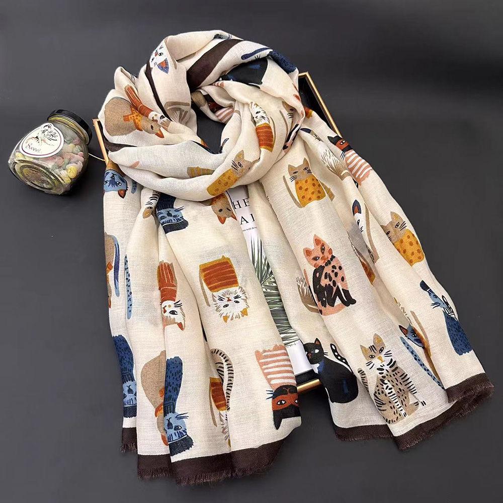 Lovely Animal Cartoon Cute Cat Pattern Fringe Viscose Scarf Lady Girls Print Soft Shawls And Wraps Pashmina Muslim Hijab Sjaal