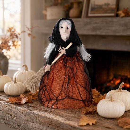 Halloween Kitchen Witch Doll Small Witch Statue with Broom Tabletop for Table