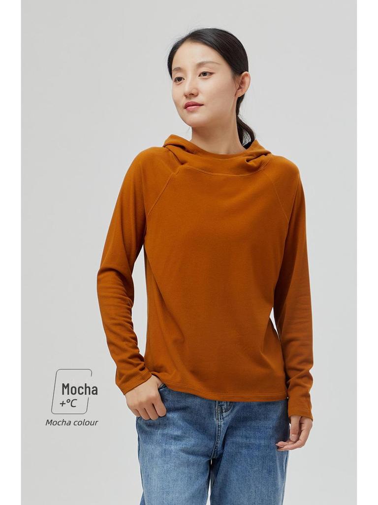 Теплая толстовка с капюшоном из бархата цвета имбиря для женщин - однотонная, можно носить как нижнюю рубашку на весну/осень