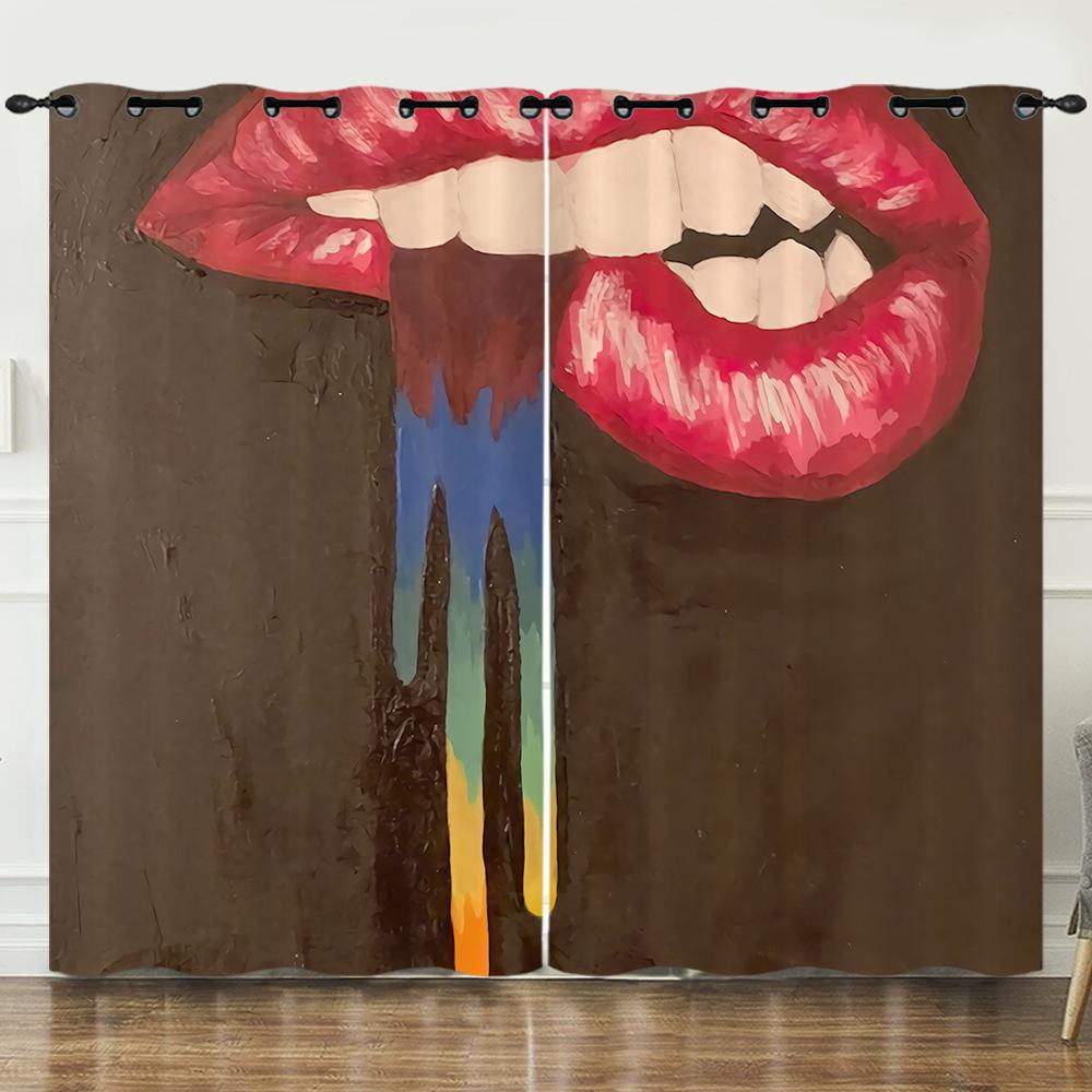 Curtains Sexy Lips Red Lips Oil Painting 3D Digital Printing Blackout Curtain Punching