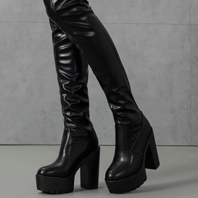 Женские сапоги на высоком каблуке 2024 года, продажа новых черных модных мотоциклетных сапог из искусственной кожи на толстой подошве, универсальные тонкие женские сапоги без застежек