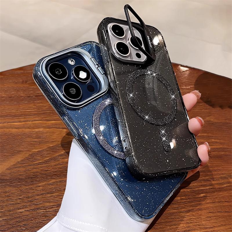 Блестящий чехол для беспроводной зарядки Magsafe для iPhone 14 13 11 12 15 Pro Max, держатель камеры, прозрачный жесткий акриловый магнитный чехол