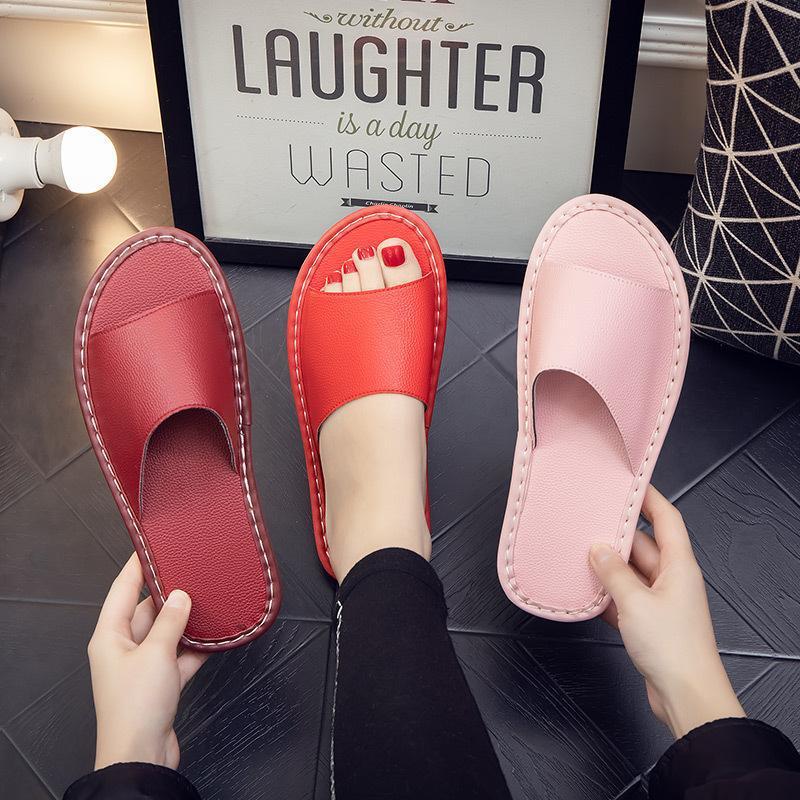 Модные женские домашние тапочки из натуральной кожи