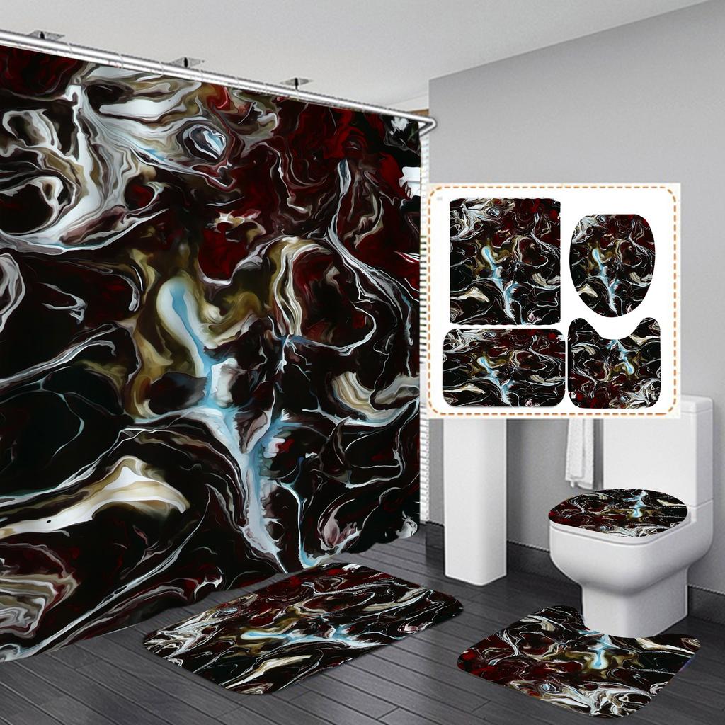 4Pcs Luxury Marble Shower Curtain Sets Bathroom Decor Sets with 12 Hooks Bath Mat Toilet Lid Rug and Non-Slip U Shape Mat