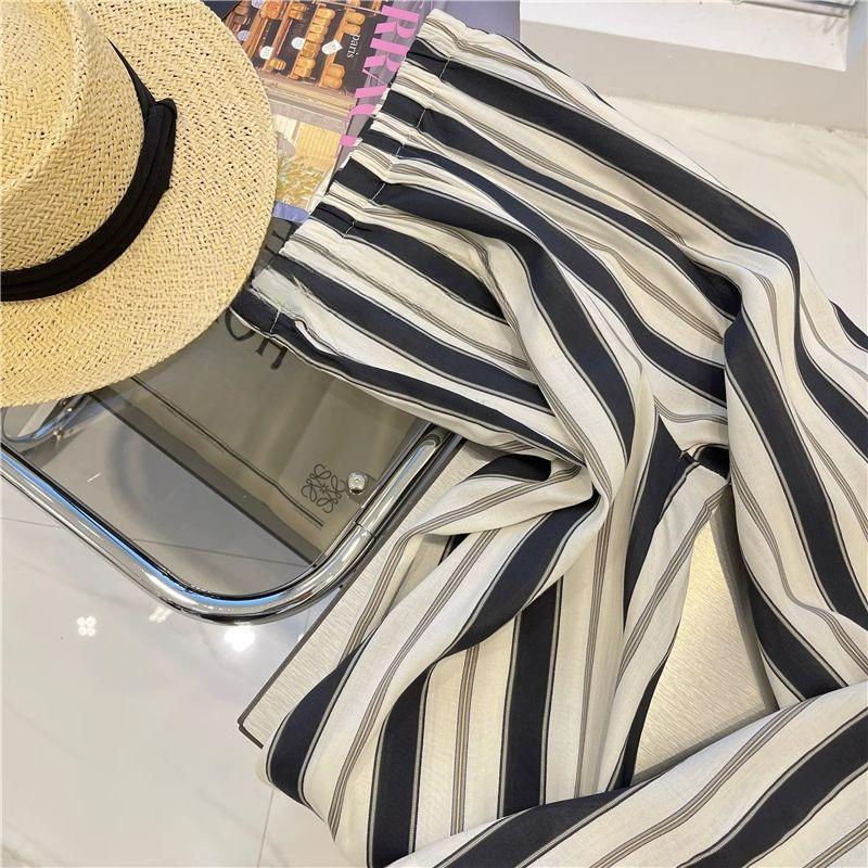 Черно-белые полосатые повседневные брюки прямого кроя для женщин. Летом новинка. С высокой талией, стройнящие, свободные, широкие брюки.