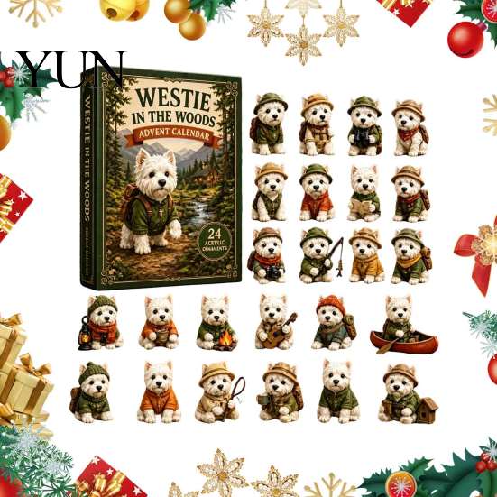 Winter Holiday Box Westie in The Woods Advent Calendar, 24-Day Christmas Countdown Gift for Dog Lovers Figure Set, West Highland White Terrier