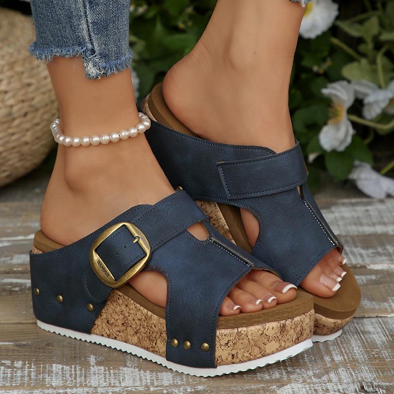 Модные женские ретро сандалии-клинья с пряжкой, женские удобные сандалии на платформе с открытым носком, женские летние шлепанцы на толстой подошве с заклепками