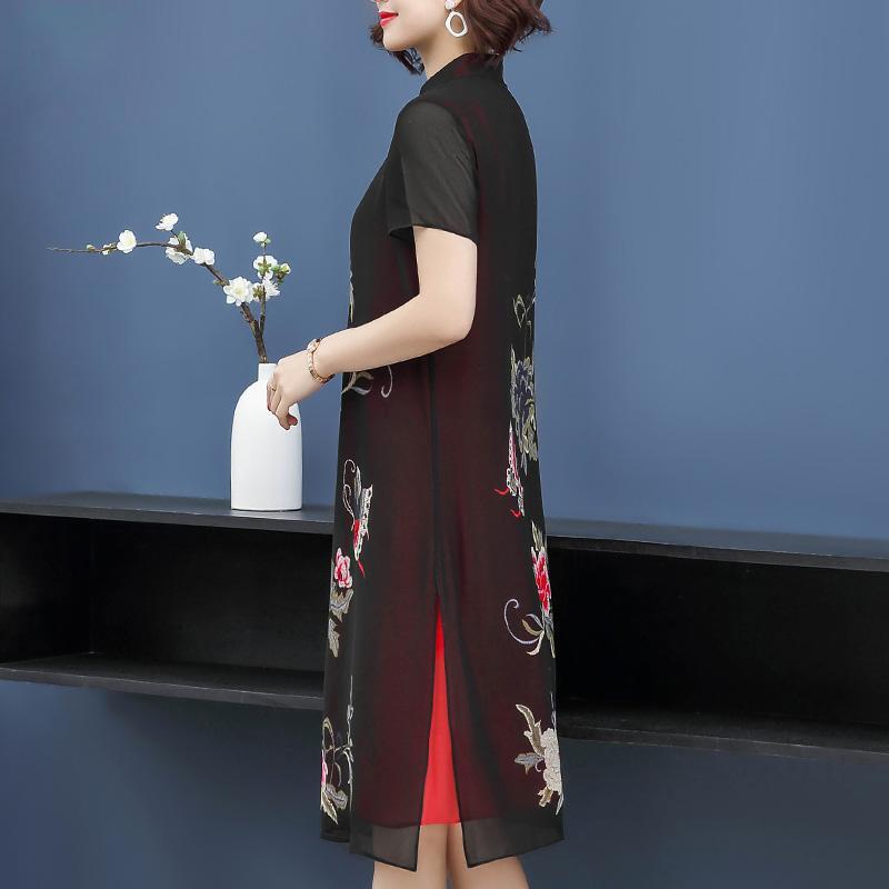 XXL-XXXXXL, большие размеры, летнее шифоновое платье Cheongsam в китайском стиле, юбка выше колена с принтом длиной до колена