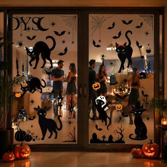 Easy Apply Electrostatic Decals 6 Sheets/Set Black Cat Window Stickers, Adhesive Free Static Clings, Removable Stickers Halloween Bat Pumpkin